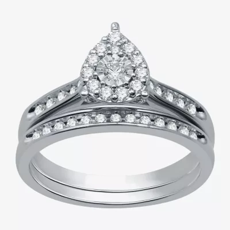 I Said Yes (H-I / I1) Womens 3/8 CT. T.W. Lab Grown White Diamond Sterling Silver Pear Side Stone Halo Bridal Set