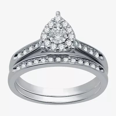 I Said Yes (H-I / I1) Womens 3/8 CT. T.W. Lab Grown White Diamond Sterling Silver Pear Side Stone Halo Bridal Set