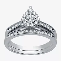 I Said Yes (H-I / I1) Womens 3/8 CT. T.W. Lab Grown White Diamond Sterling Silver Pear Side Stone Halo Bridal Set