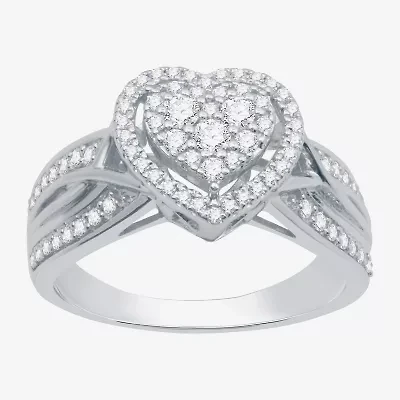 I Said Yes (H-I / I1) Womens 1/2 CT. T.W. Lab Grown White Diamond Sterling Silver Heart Side Stone Halo Engagement Ring