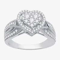I Said Yes (H-I / I1) Womens 1/2 CT. T.W. Lab Grown White Diamond Sterling Silver Heart Side Stone Halo Engagement Ring