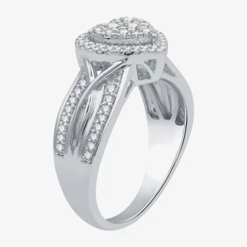 I Said Yes (H-I / I1) Womens 1/2 CT. T.W. Lab Grown White Diamond Sterling Silver Heart Side Stone Halo Engagement Ring