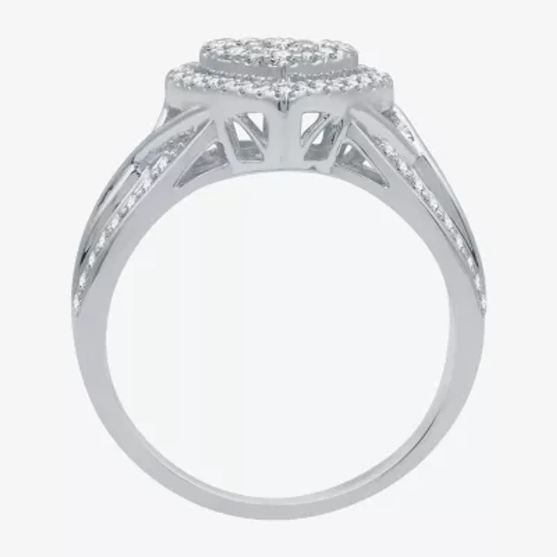 I Said Yes (H-I / I1) Womens 1/2 CT. T.W. Lab Grown White Diamond Sterling Silver Heart Side Stone Halo Engagement Ring