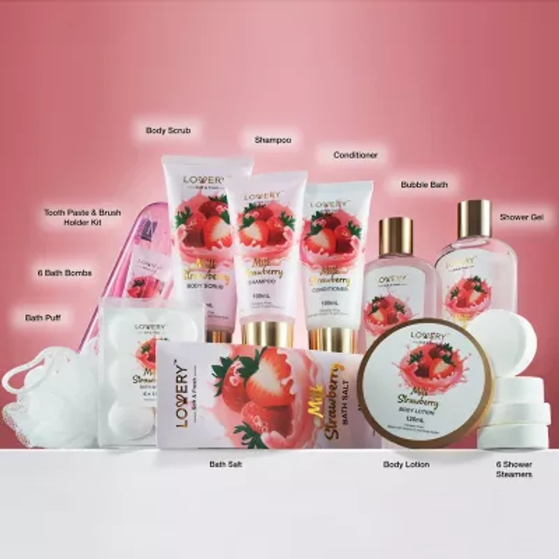Lovery Strawberry Milk Home Bath Gift Set - 25pc Tote Bag Gift