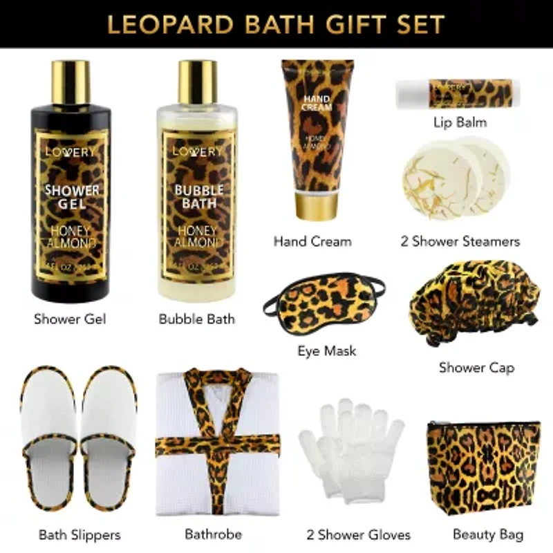 Lovery Luxe Leopard Honey Almond Bath Gift Box - 17pc Home Spa Kit