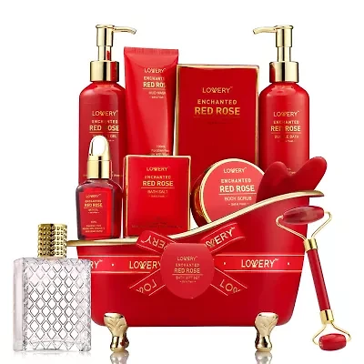 Lovery Red Rose Home Spa And Bath Basket - 11pc Holiday Self Care Gift