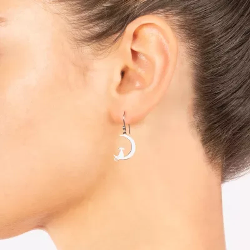 Silver Treasures Cat Womens Sterling Silver Moon Drop Earrings