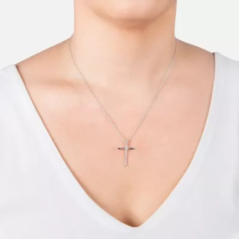 Silver Treasures Womens White Cubic Zirconia Sterling Silver Cross 18 Inch Pendant Necklace