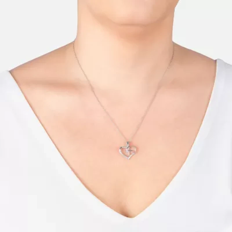 Silver Treasures Cubic Zirconia Sterling Silver Cross Heart Pendant Necklace