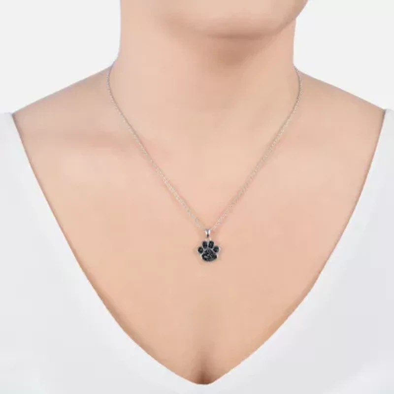 Sparkle Allure Paw Print Womens Black Pure Silver Over Brass 18 Inch Pendant Necklace