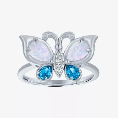 Womens Lab Created White Opal Sterling Silver Butterfly Cocktail Ring