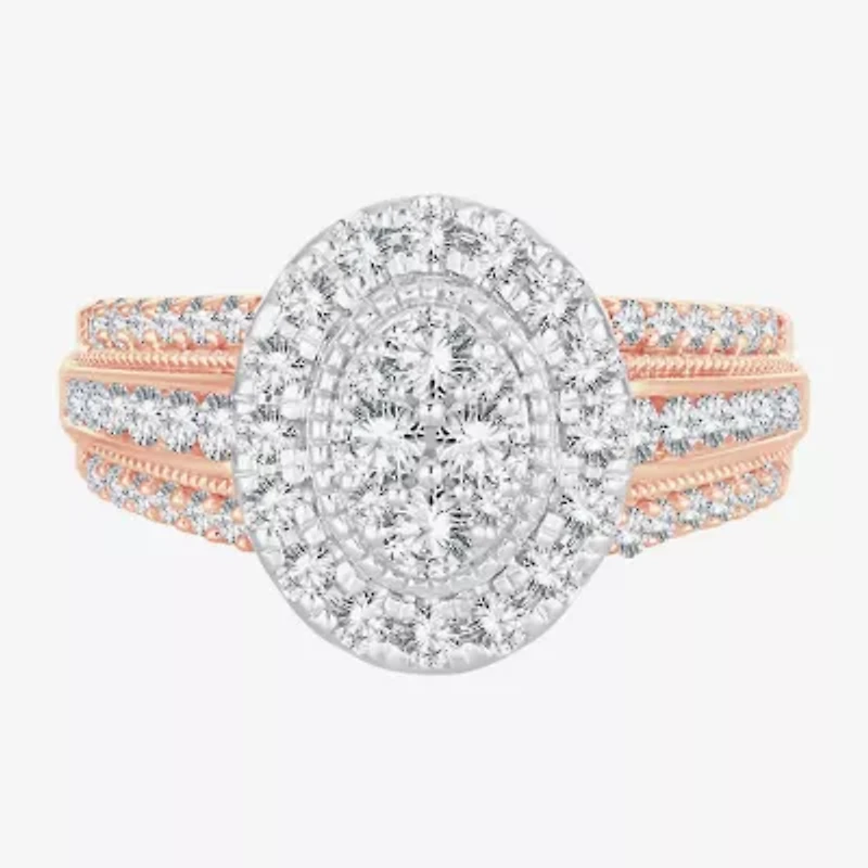 Womens 1 CT. T.W. Natural White Diamond 10K Rose Gold Oval Halo Engagement Ring
