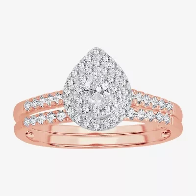 Womens 1/2 CT.T.W. Natural Diamond 10K or 14K Rose Gold Pear Halo Bridal Set