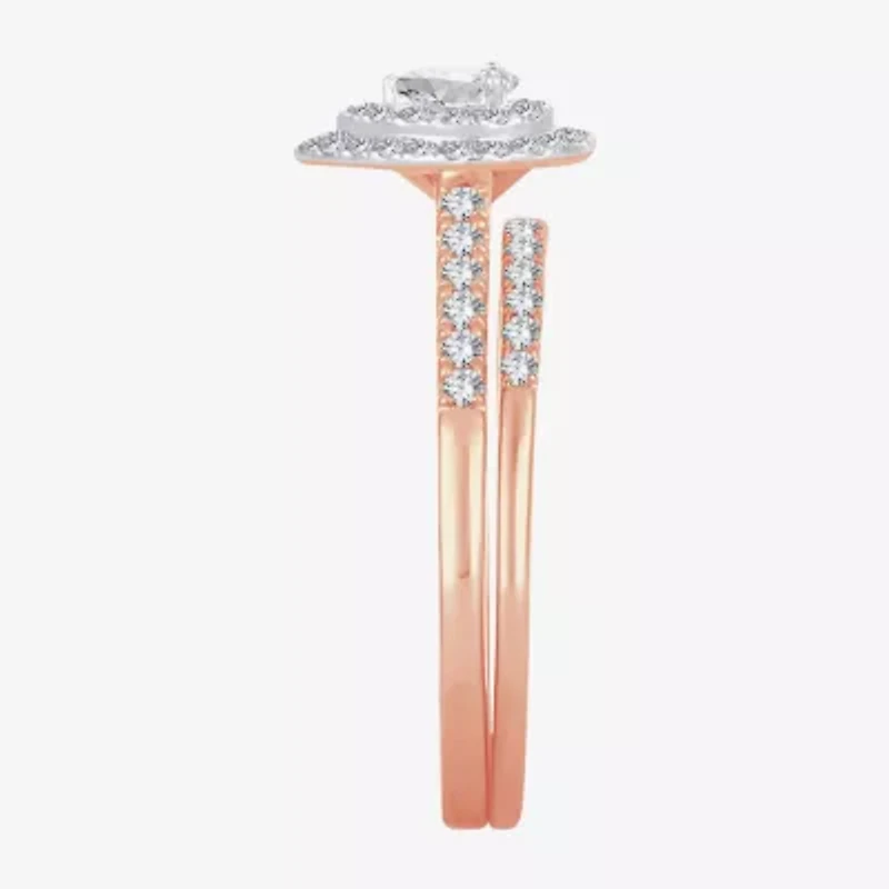 Womens 1/2 CT.T.W. Natural Diamond 10K or 14K Rose Gold Pear Halo Bridal Set