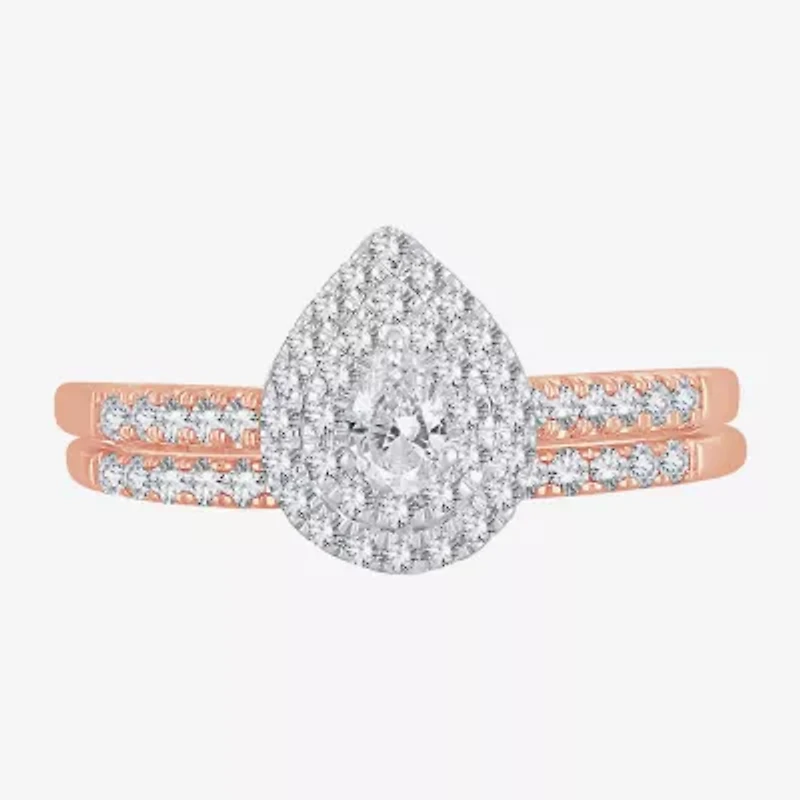 Womens 1/2 CT.T.W. Natural Diamond 10K or 14K Rose Gold Pear Halo Bridal Set