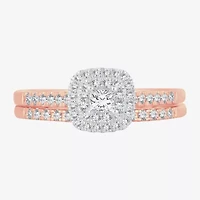 1/2 CT.T.W. Natural Diamond Cushion Shape Side Stone Halo Bridal Set 10K or 14K Gold