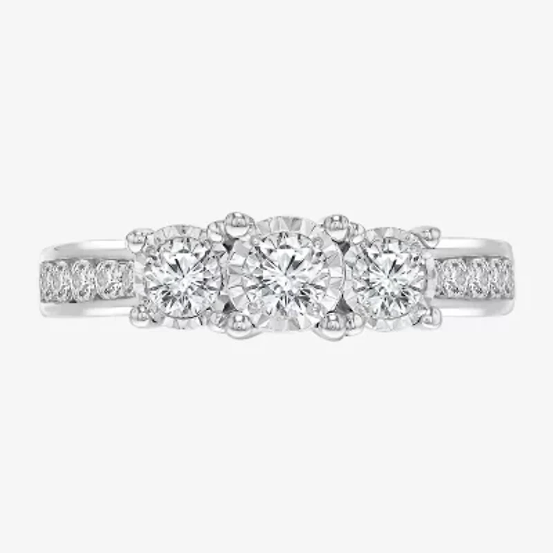 Womens 1 CT. T.W. Natural White Diamond 14K White Gold Round Side Stone 3-Stone Engagement Ring