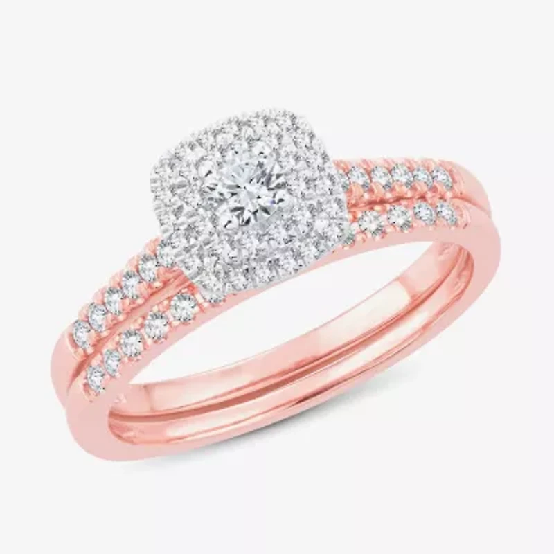 1/2 CT.T.W. Natural Diamond Halo Bridal Set 10K or 14K White Gold