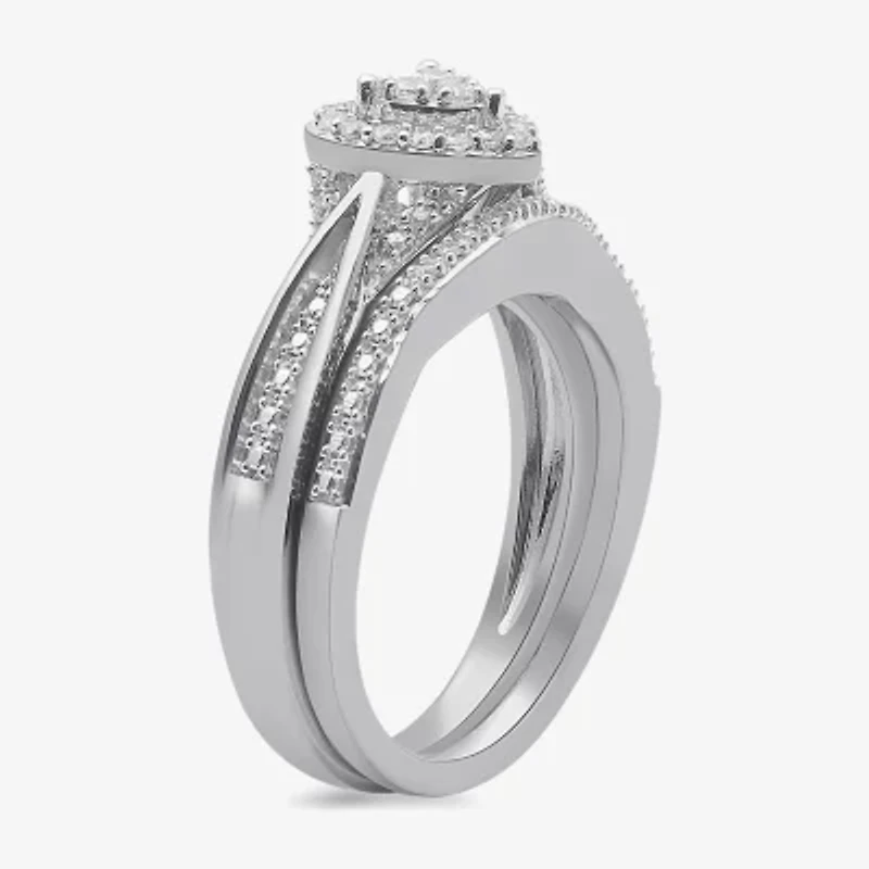 Surrounded by Love Womens 1/5 CT. Natural White Diamond Sterling Silver Heart Side Stone Halo Bridal Set