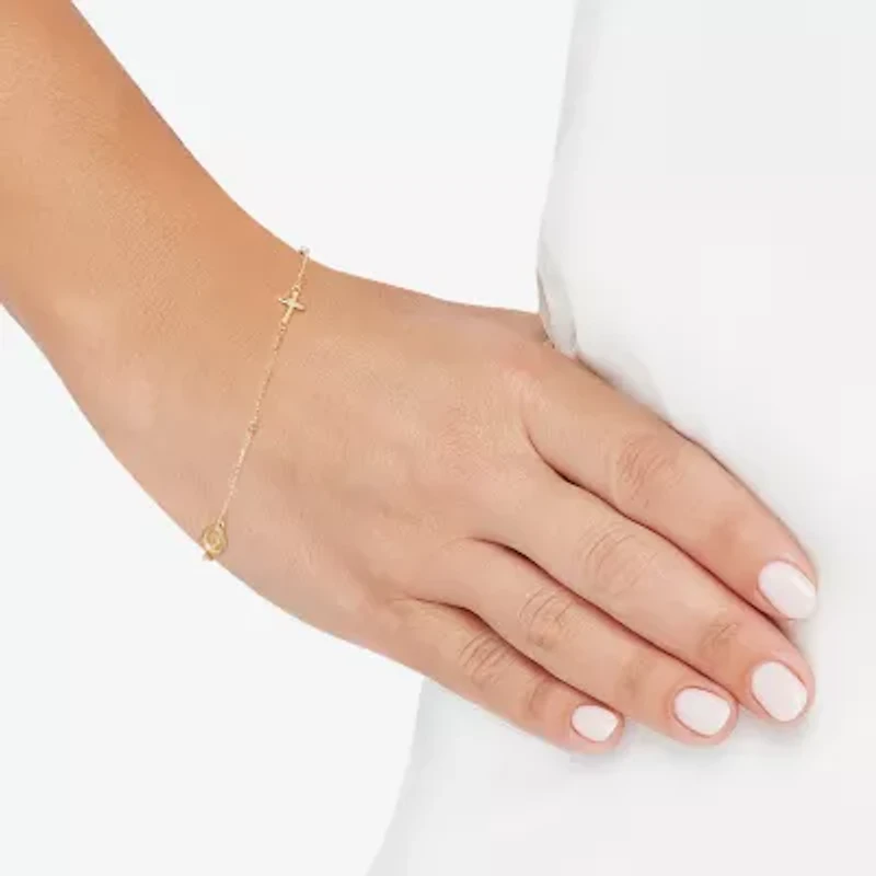 Miraculous Medal Womens 14K Tri-Color Gold Cross 7.25 Inch Link Bracelet