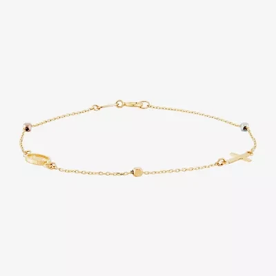 Miraculous Medal Womens 14K Tri-Color Gold Cross 7.25 Inch Link Bracelet