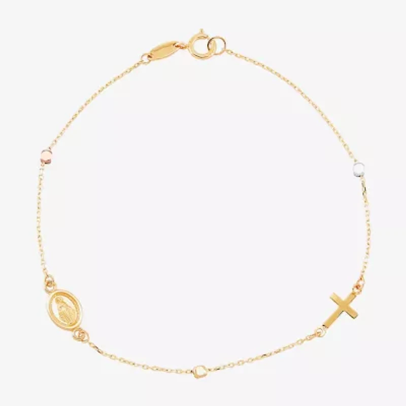 Miraculous Medal Womens 14K Tri-Color Gold Cross 7.25 Inch Link Bracelet