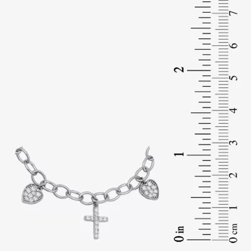 Diamonart Womens Cubic Zirconia Sterling Silver Cross Heart Charm Bracelet