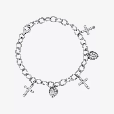 Diamonart Womens Cubic Zirconia Sterling Silver Cross Heart Charm Bracelet