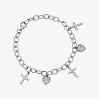 Diamonart Womens Cubic Zirconia Sterling Silver Cross Heart Charm Bracelet
