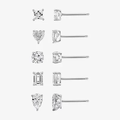 Diamonart Womens Cubic Zirconia Sterling Silver Heart Pear Round 5 Pair Earring Set