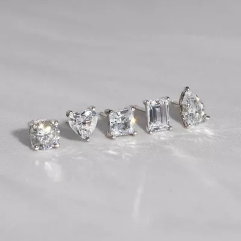 Diamonart Womens Cubic Zirconia Sterling Silver Heart Pear Round 5 Pair Earring Set