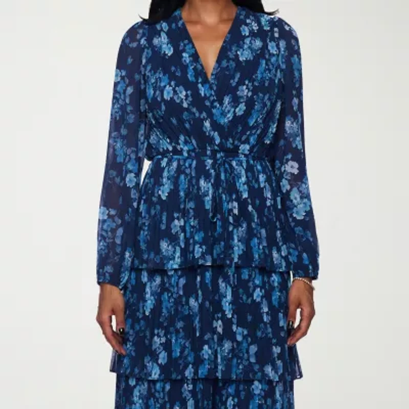 Premier Amour Womens Long Sleeve Floral Midi Fit + Flare Dress
