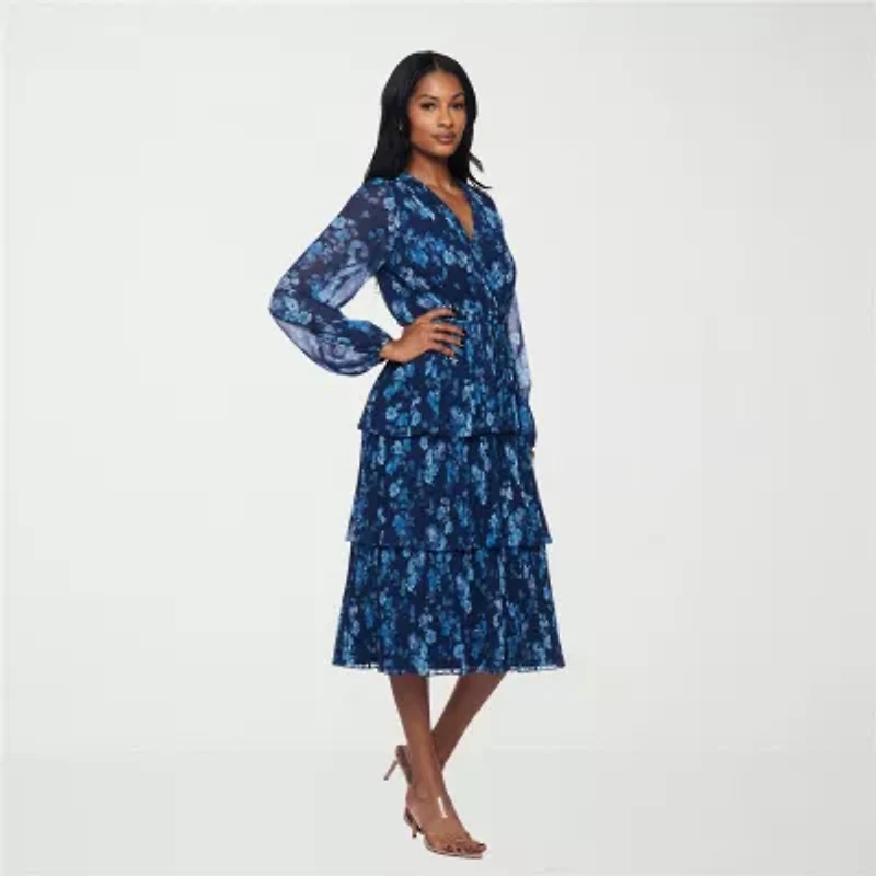 Premier Amour Womens Long Sleeve Floral Midi Fit + Flare Dress