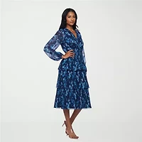 Premier Amour Womens Long Sleeve Floral Midi Fit + Flare Dress