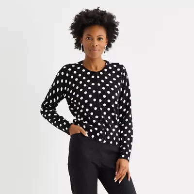 Liz Claiborne Womens Crew Neck Long Sleeve Button Dots Cardigan
