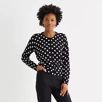 Liz Claiborne Womens Crew Neck Long Sleeve Button Dots Cardigan