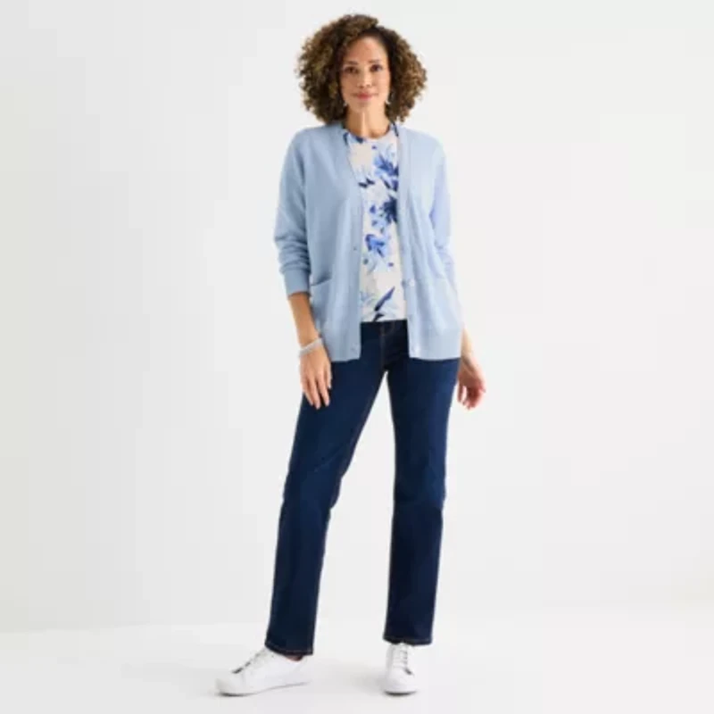 Liz Claiborne Womens V Neck Long Sleeve Button Cardigan