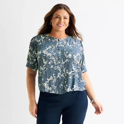 Liz Claiborne Womens Plus Split Crew Neck Short Sleeve Blouse