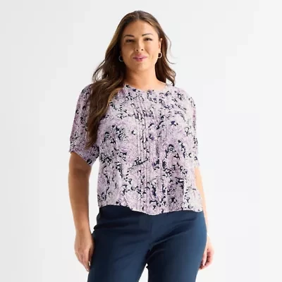 Liz Claiborne Womens Plus Split Crew Neck Short Sleeve Blouse
