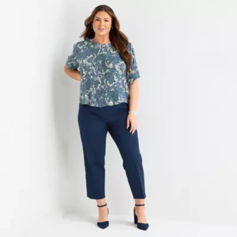 Liz Claiborne Womens Plus Split Crew Neck Short Sleeve Blouse