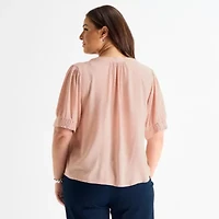 Liz Claiborne Womens Plus Split Crew Neck Elbow Sleeve Blouse