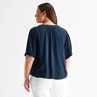 Liz Claiborne Womens Plus Split Crew Neck Short Sleeve Blouse