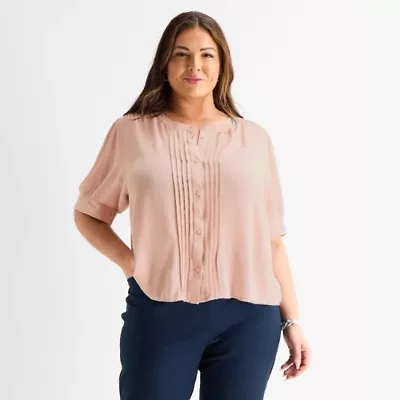 Liz Claiborne Womens Plus Split Crew Neck Elbow Sleeve Blouse