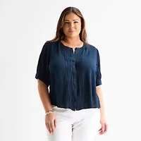 Liz Claiborne Womens Plus Split Crew Neck Short Sleeve Blouse