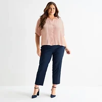 Liz Claiborne Womens Plus Split Crew Neck Elbow Sleeve Blouse