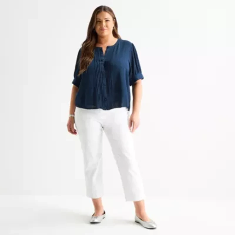 Liz Claiborne Womens Plus Split Crew Neck Short Sleeve Blouse