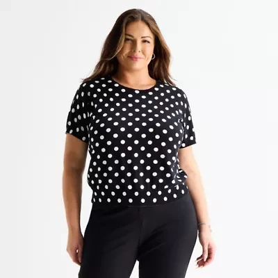 Liz Claiborne Plus Womens Crew Neck Short Sleeve Dots Pullover Sweater