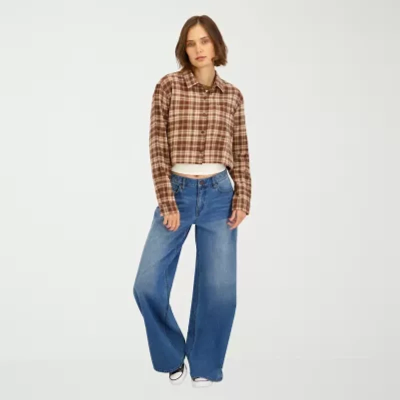 VOLCOM Womens Juniors Cuffed Long Sleeve Button-Down Shirt