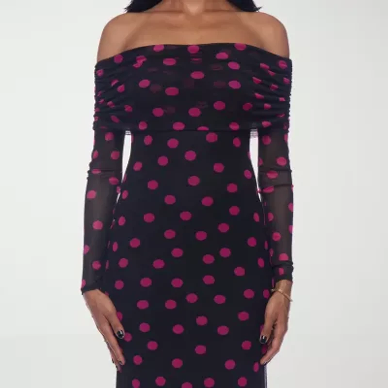 Premier Amour Womens Long Sleeve Off The Shoulder Polka Dot Maxi Dress