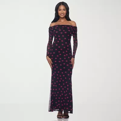 Premier Amour Womens Long Sleeve Off The Shoulder Polka Dot Maxi Dress